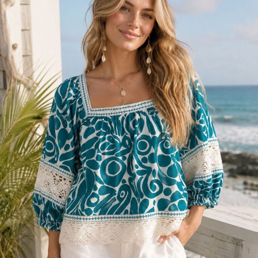 Rachel Zoe Linen Boho Peasant Blouse S Teal Blue Lace Crochet Square Resort Rave